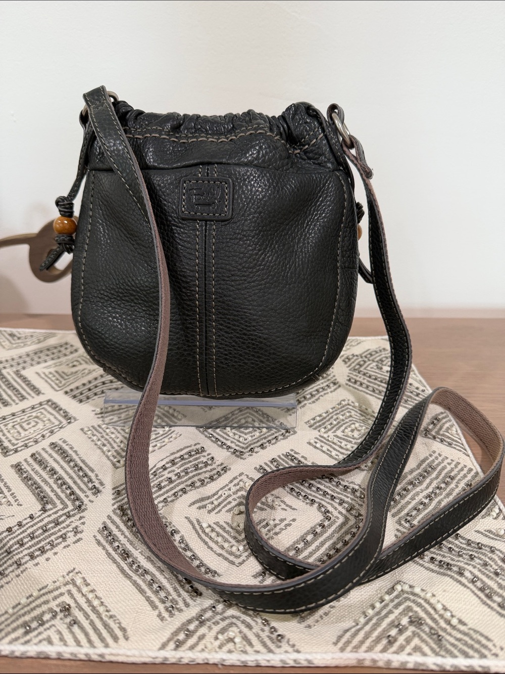 Fossil Black Small Pebbled Leather Crossbody with Brown Wooden Bead Accents